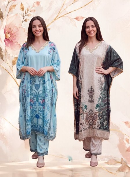 Kaftan Co Ord Set With Necklace Vol 3 By Jisha Poly Feather Silk Co Ord Kaftan 
